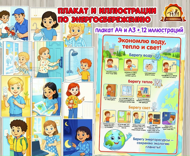Плакат «Экономлю воду, тепло и свет!» и иллюстрации для обсуждения темы энергосбережения