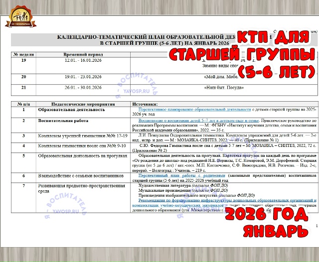 КАЛЕНДАРНО-ТЕМАТИЧЕСКИЙ ПЛАН ОБРАЗОВАТЕЛЬНОЙ ДЕЯТЕЛЬНОСТИ В СТАРШЕЙ ГРУППЕ (5-6 ЛЕТ) НА ЯНВАРЬ 2026