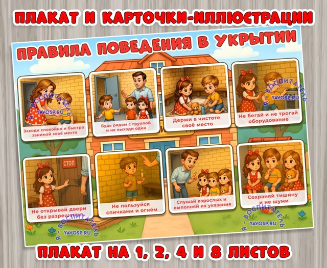 Плакат и карточки-иллюстрации "Правила поведения в укрытии"