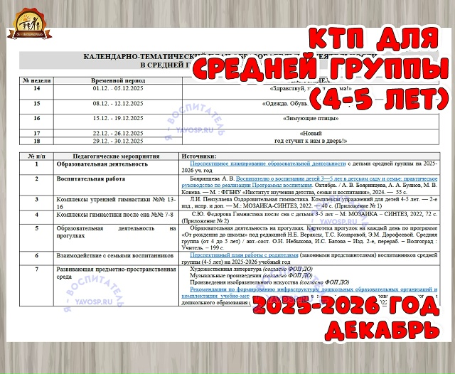 КАЛЕНДАРНО-ТЕМАТИЧЕСКИЙ ПЛАН ОБРАЗОВАТЕЛЬНОЙ ДЕЯТЕЛЬНОСТИ В СРЕДНЕЙ ГРУППЕ (4-5 ЛЕТ) НА ДЕКАБРЬ 2025