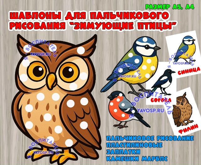 Зимующие птицы - шаблоны для пластилиновых заплаток, пальчикового рисования, работы с камешками марблс В наборе также даны изображения отдельно, для использования в качестве наглядного материала.