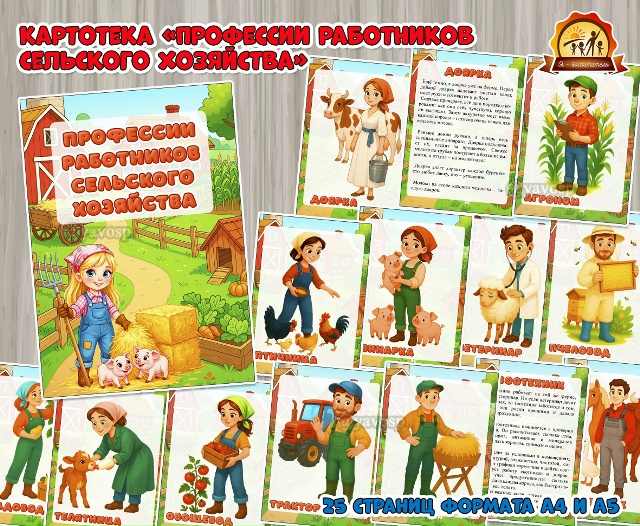 Картотека «Профессии работников сельского хозяйства» с иллюстрациями и короткими познавательными рассказами о каждой профессии.