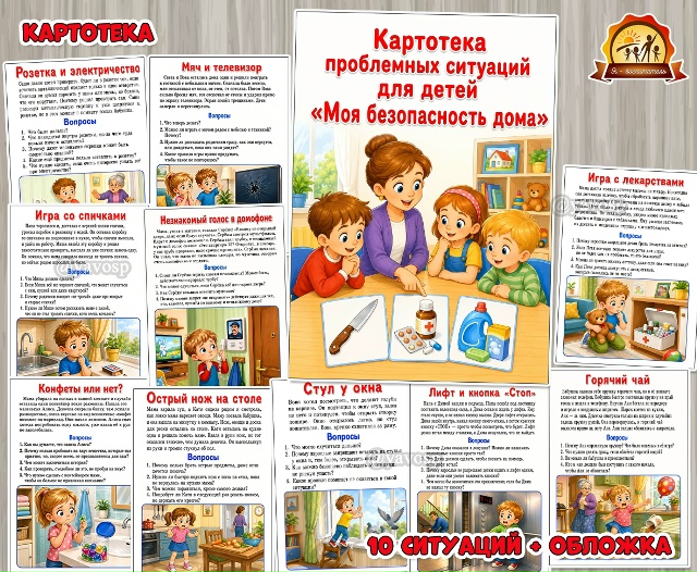 Картотека проблемных ситуаций с иллюстрациями для обсуждения с детьми «Моя безопасность дома»